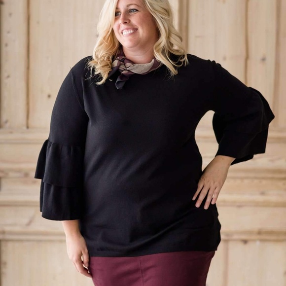 Janette Plus USA Tops - Black Knit Ruffle Sleeve Top